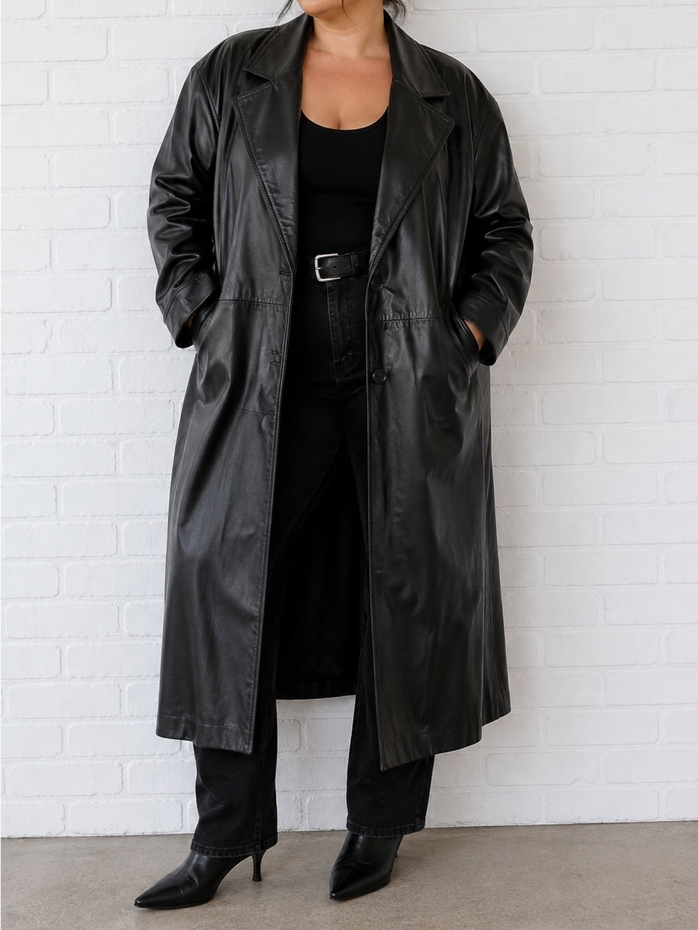 Vintage 90s Ricardo Genuine Leather Trench Coat Black Plus Size 20W